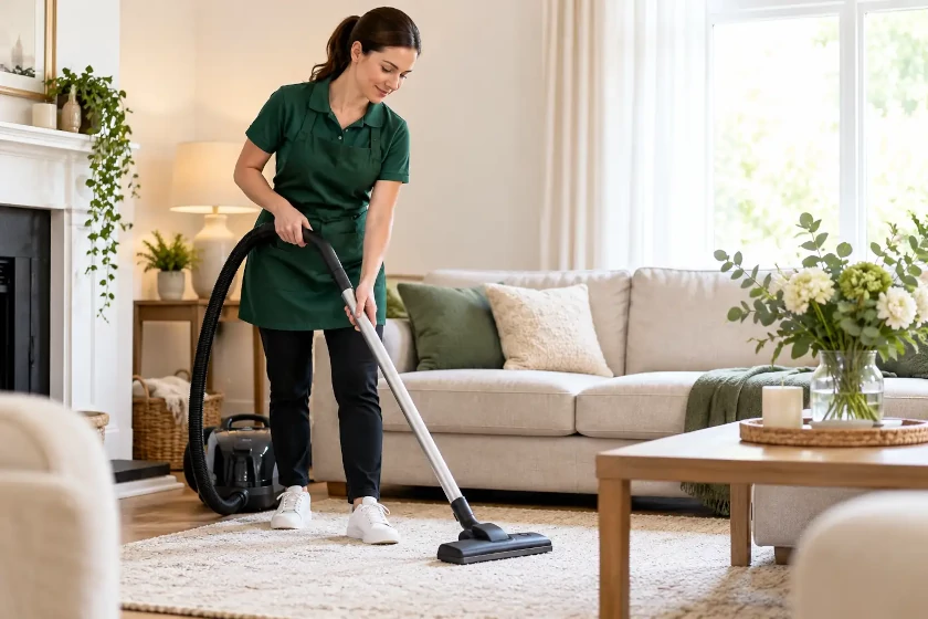 Professional cleaner vacuuming a bright living room